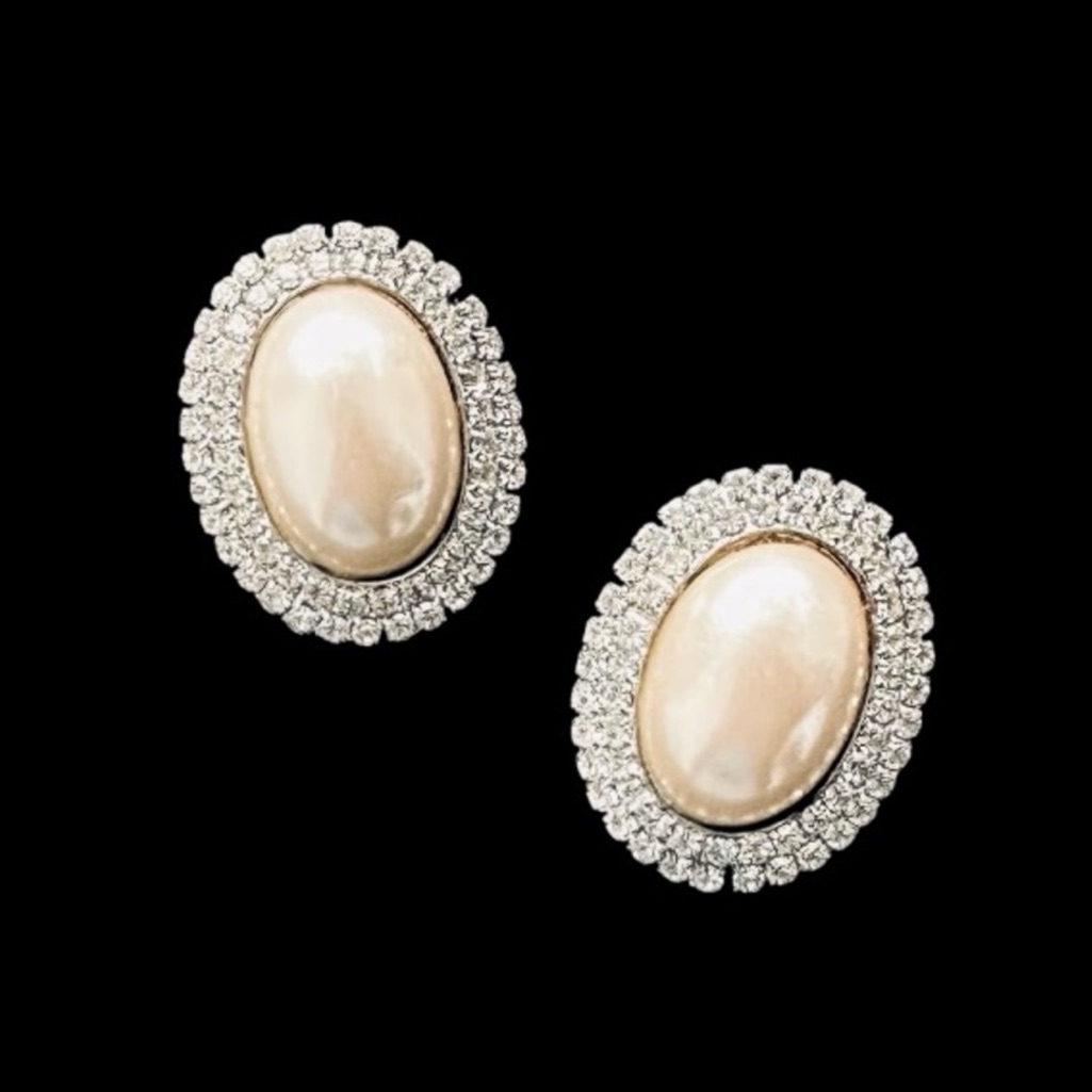 Les Bernard Vintage Faux Pearl Pave Crystal Statement Earrings 75$